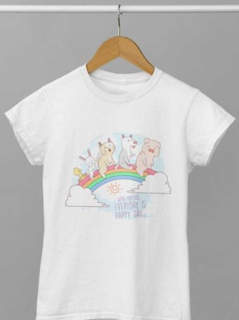 white tshirt with Pig Cat dog bunny duck on rainbow