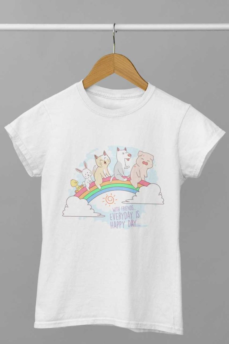 white tshirt with Pig Cat dog bunny duck on rainbow