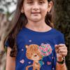 cute girl in deep blue tshirt with a Tiger holding roses