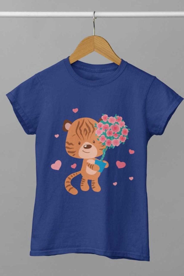 deep blue tshirt with a Tiger holding roses