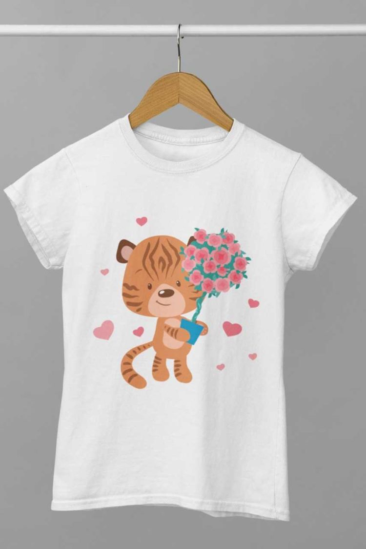 white tshirt with a Tiger holding roses