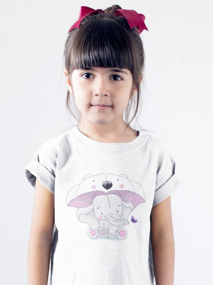 cute girl in white tshirt with Baby elephant under umbrella