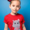 cute girl in red tshirt with Baby hippo eating watermelon