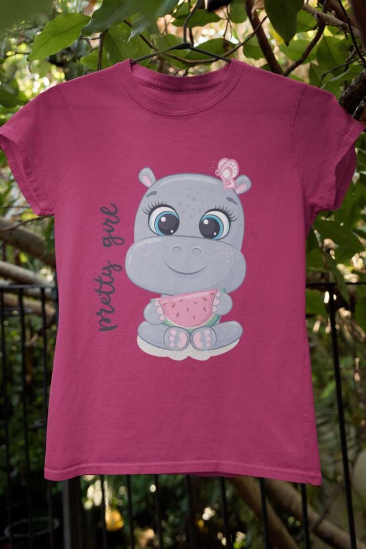 dark pink tshirt with Baby hippo eating watermelon