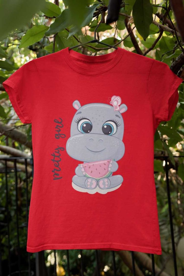 red tshirt with Baby hippo eating watermelon