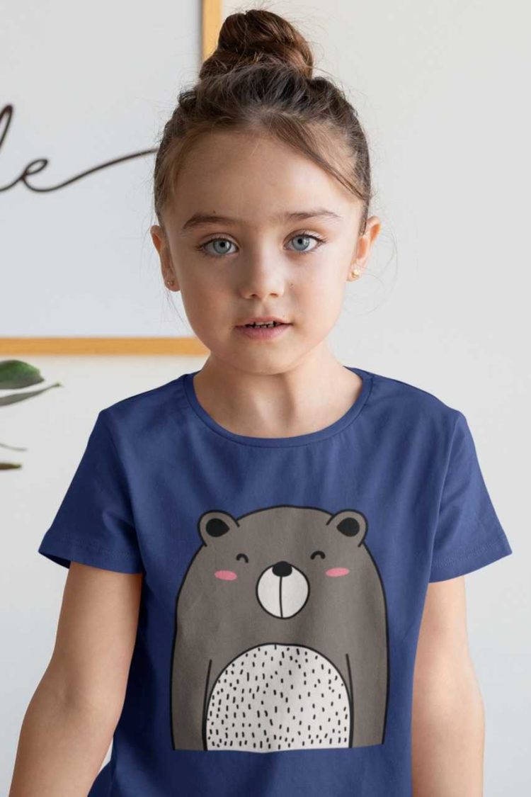 beautiful girl in deep blue tshirt with cute bear