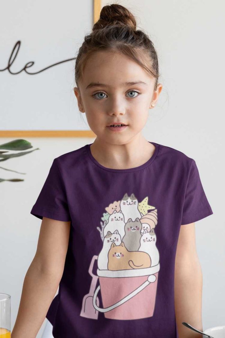 beautiful girl in purple tshirt with Cats in a pail
