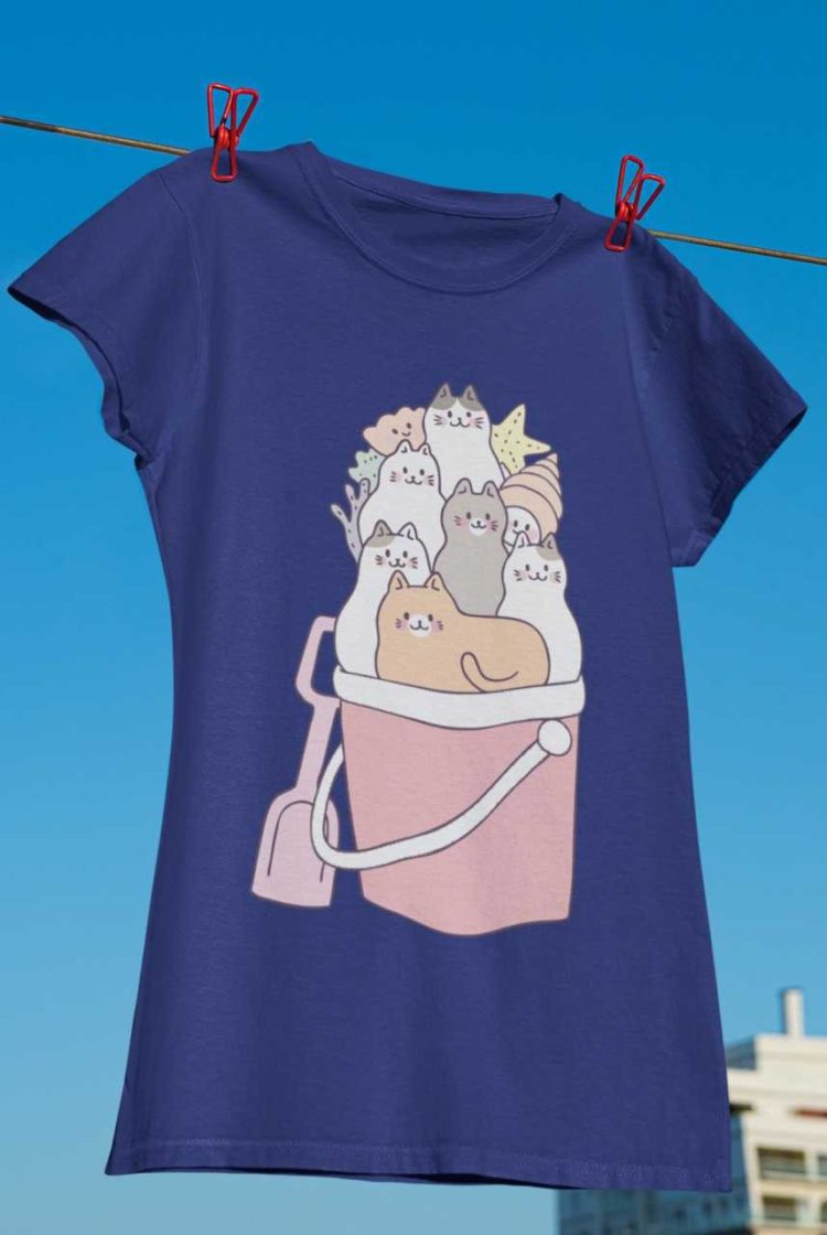 deep blue tshirt with Cats in a pail