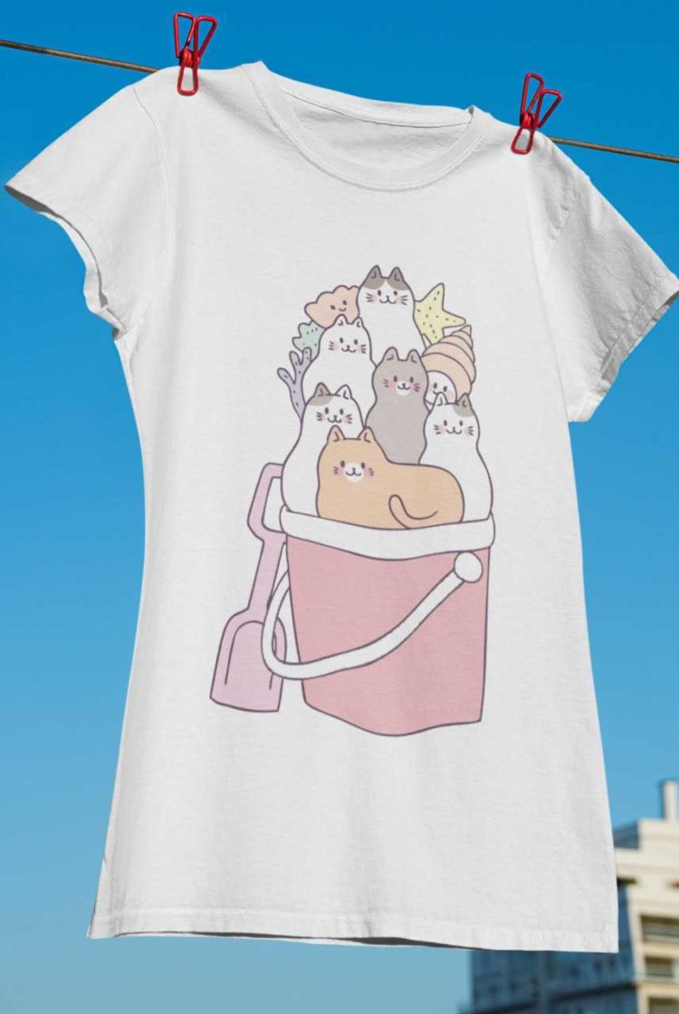 white tshirt with Cats in a pail