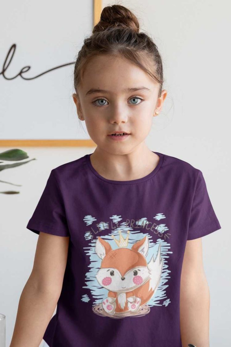 beautiful girl in purple tshirt with a little princess fox