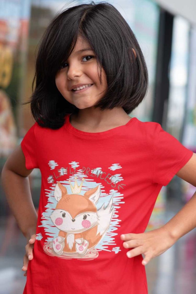 smiling girl in red tshirt with a little princess fox