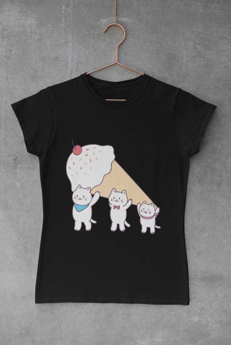 Black tshirt with Cats carrying an icecream cone