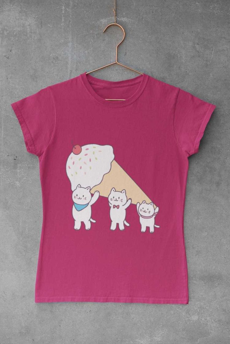 dark pink tshirt with Cats carrying an icecream cone