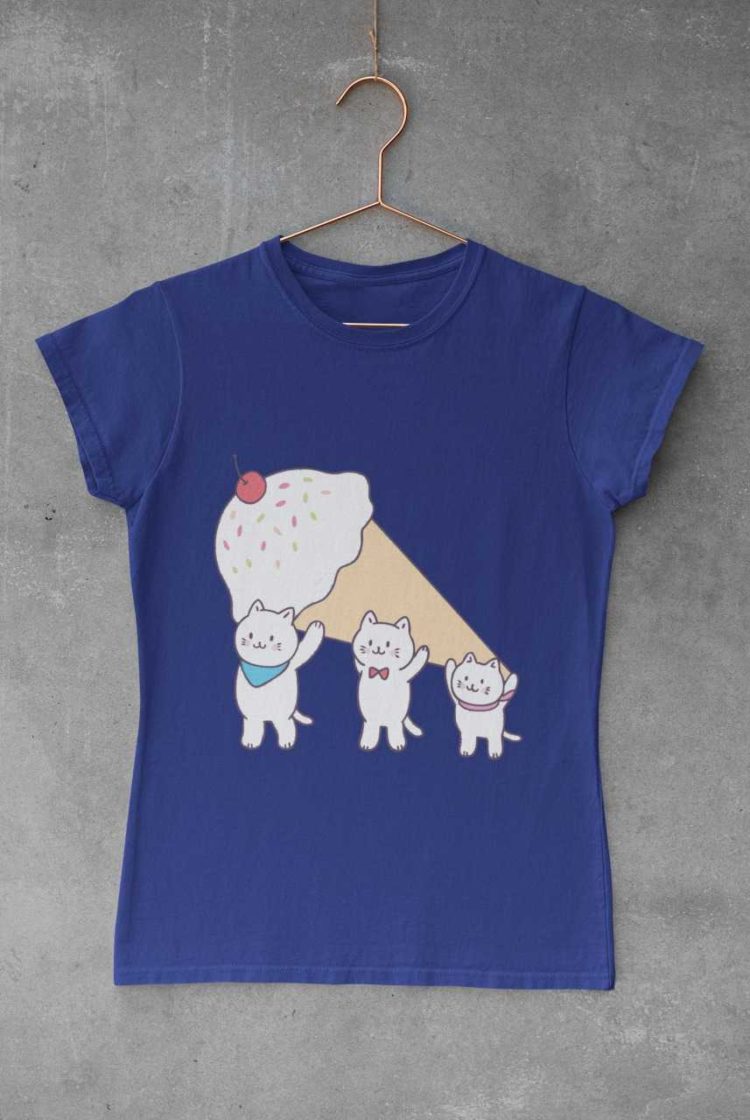 deep blue tshirt with Cats carrying an icecream cone