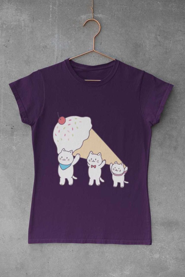 purple tshirt with Cats carrying an icecream cone