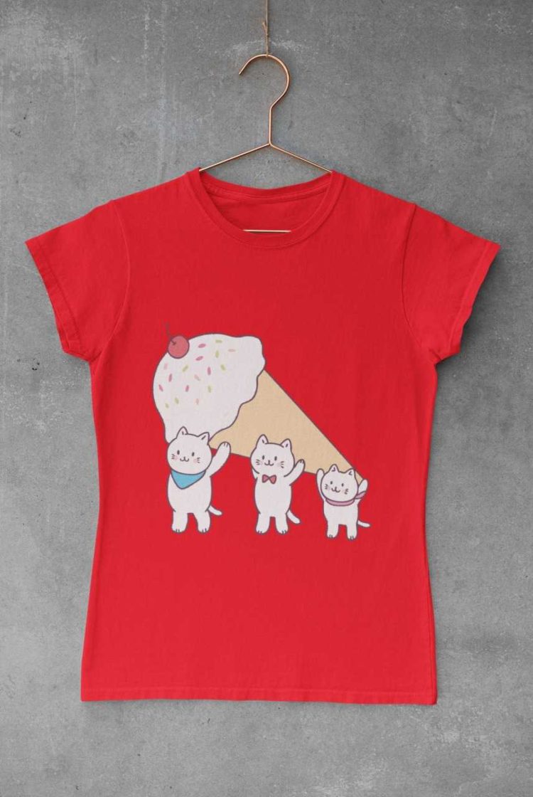 red tshirt with Cats carrying an icecream cone