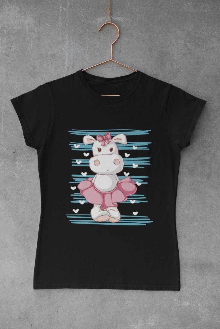 black tshirt with a Cute Hippo in a skirt