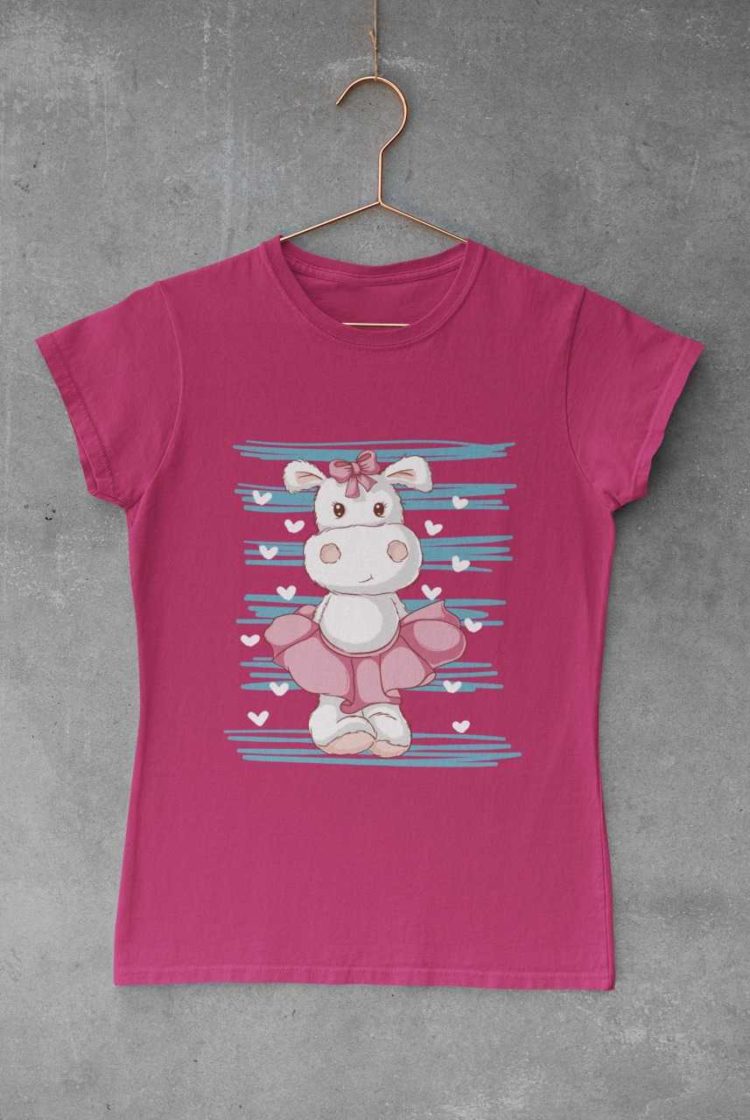 dark pink tshirt with a Cute Hippo in a skirt