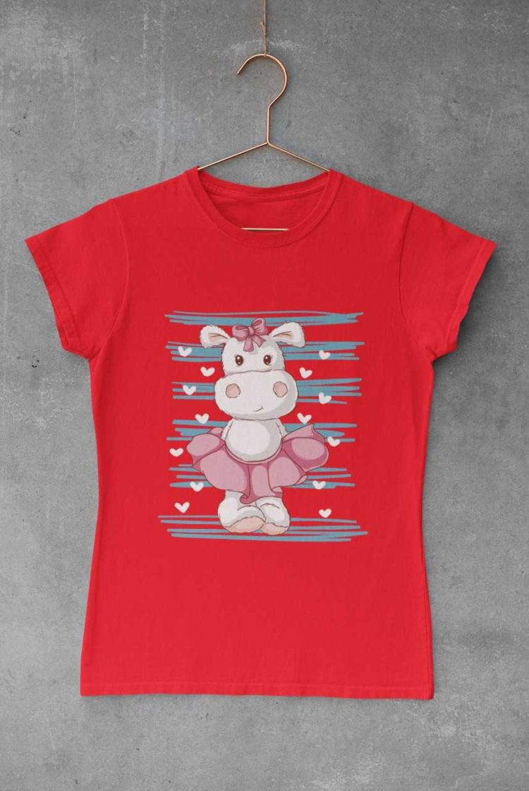 red tshirt with a Cute Hippo in a skirt