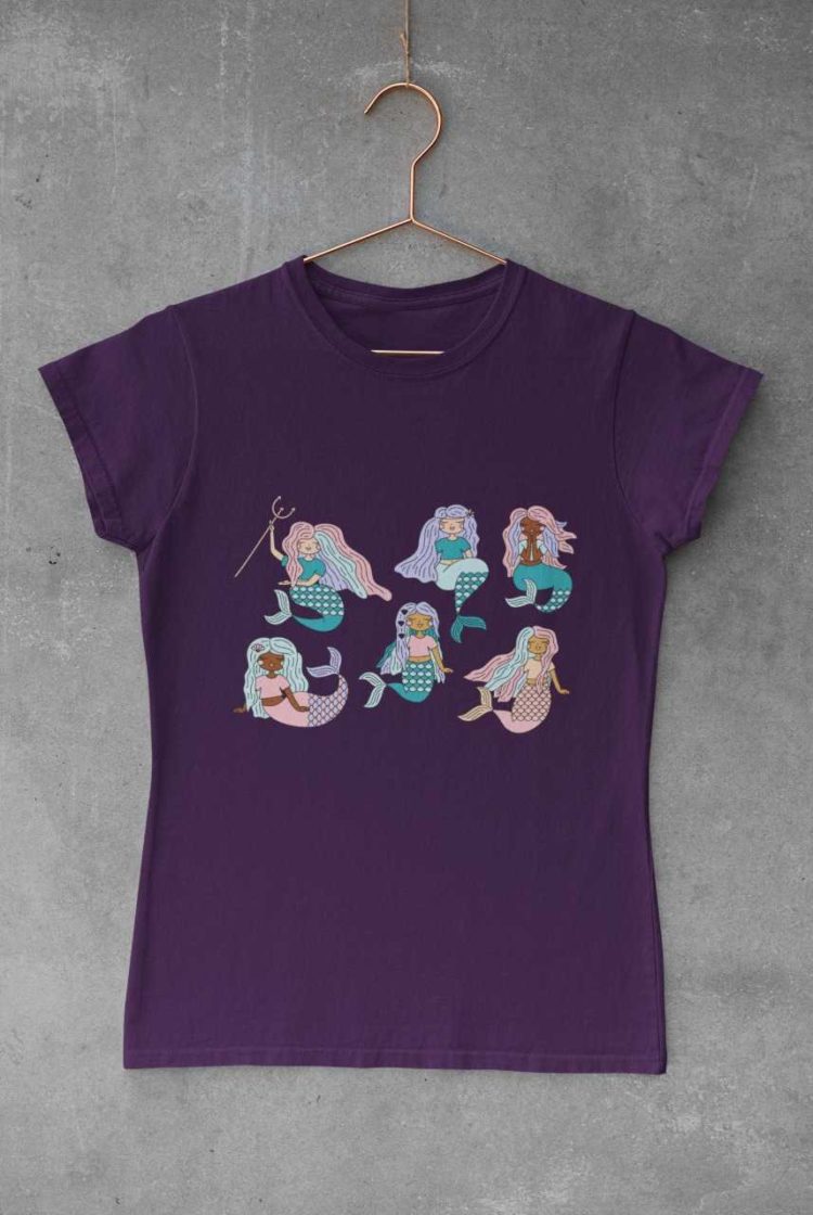 Purple tshirt with Six mermaids swimming