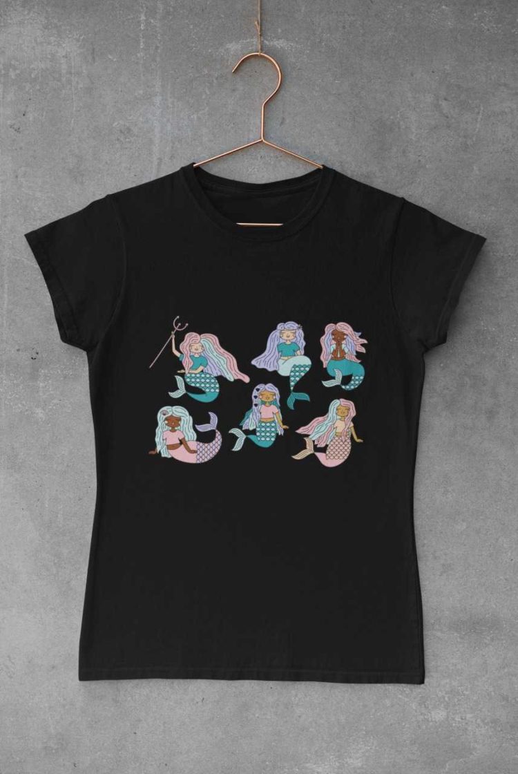black tshirt with Six mermaids swimming