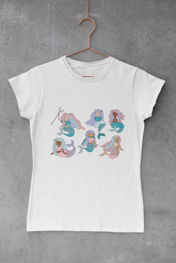 white tshirt with Six mermaids swimming