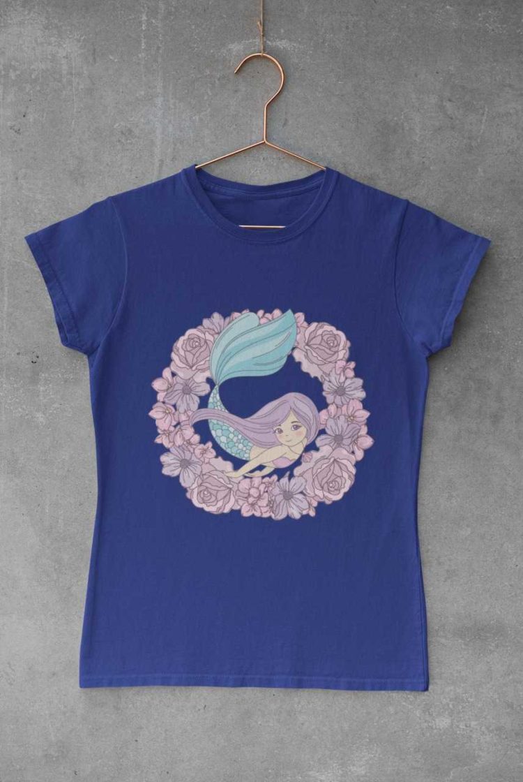 deep blue tshirt with a Mermaid in a flower wreath