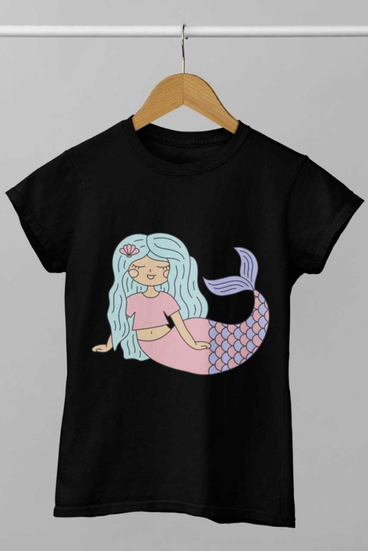 Black tshirt with a Mermaid with blue hair