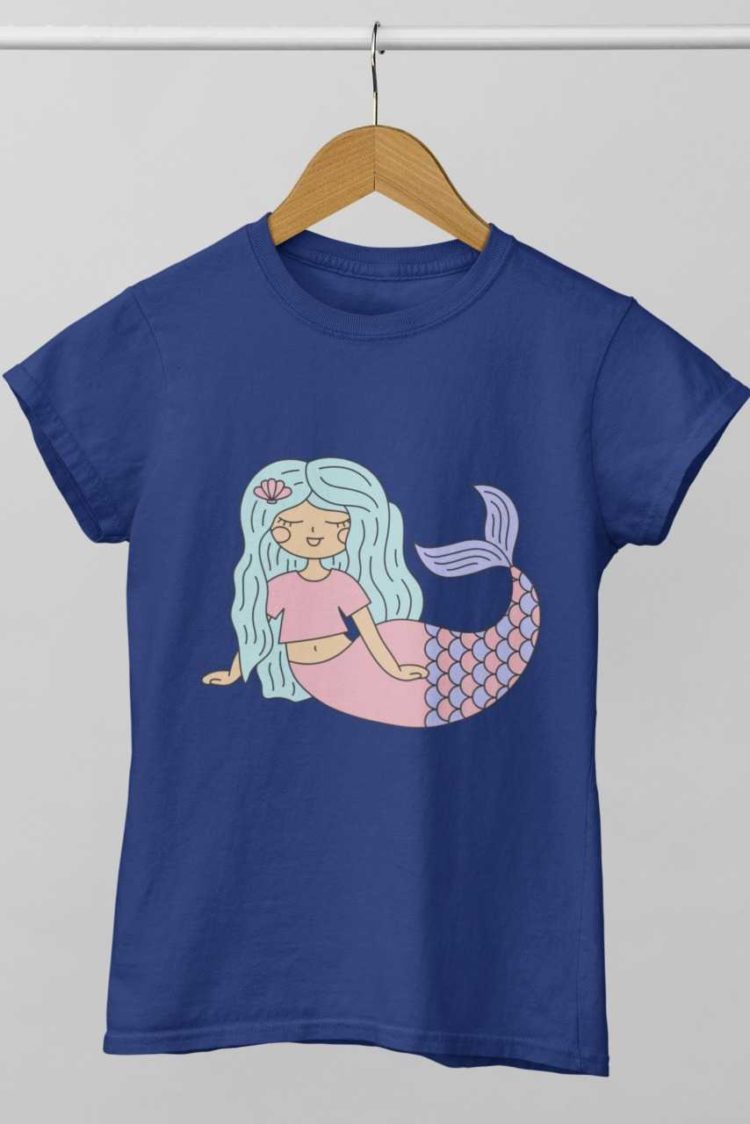 deep blue tshirt with a Mermaid with blue hair