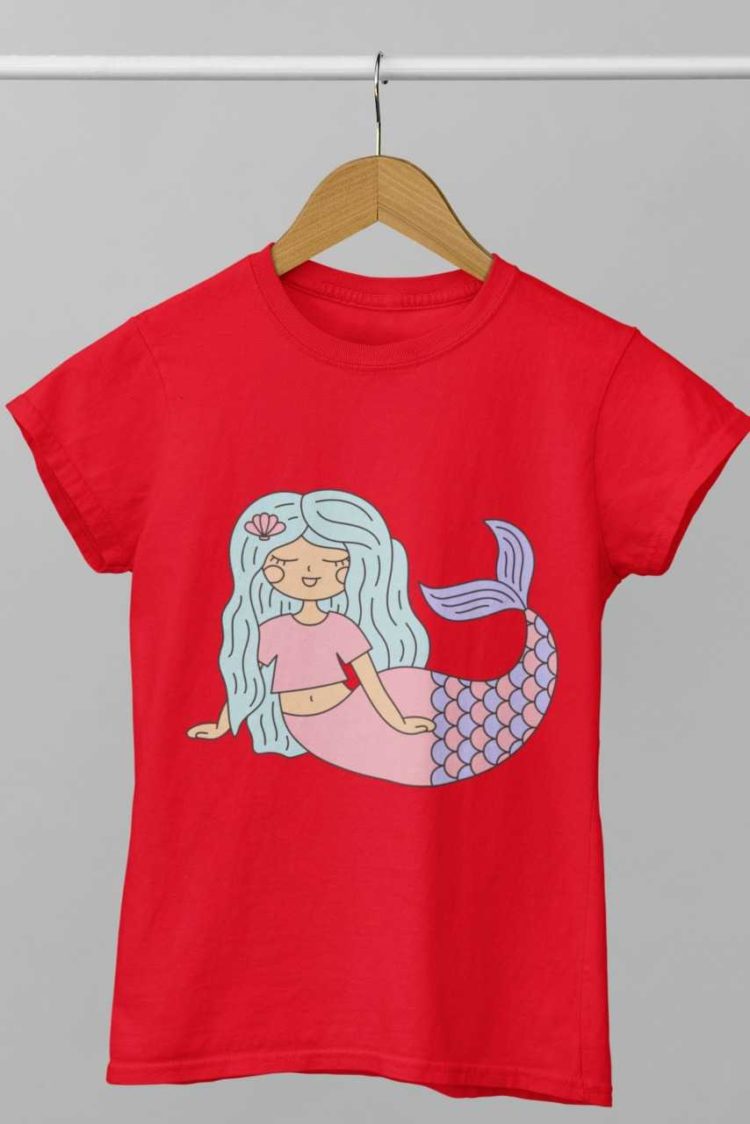 red tshirt with a Mermaid with blue hair