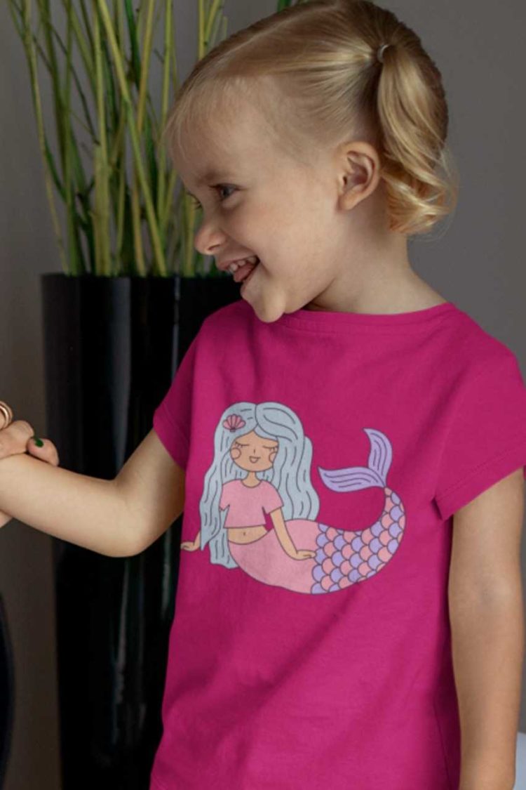 sweet girl in a dark pink tshirt with a Mermaid with blue hair