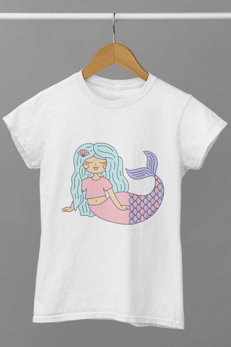 white tshirt with a Mermaid with blue hair