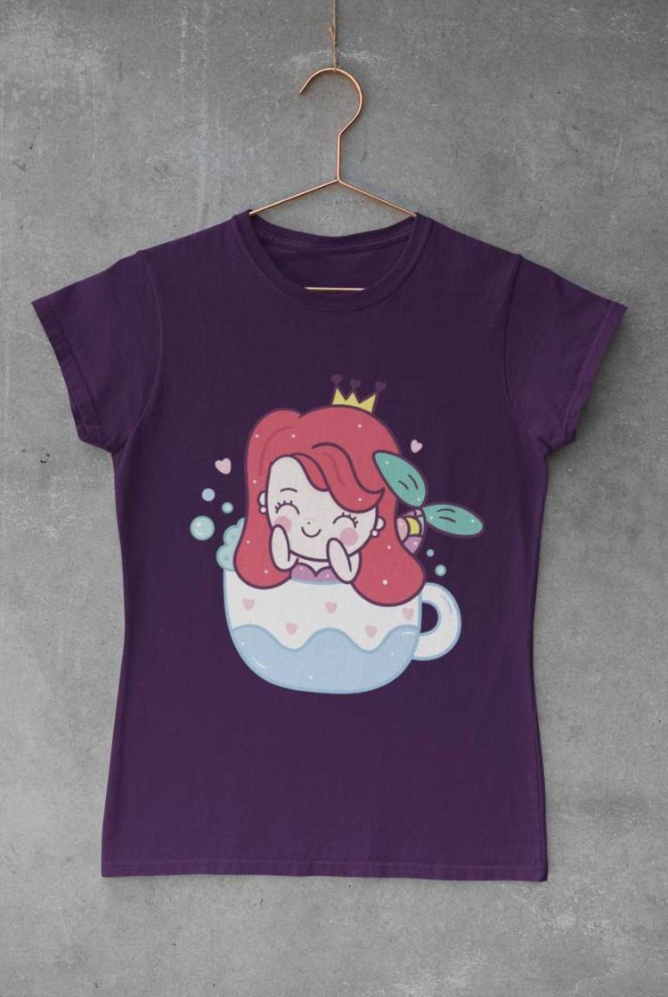 purple tshirt with a mermaid in a teacup