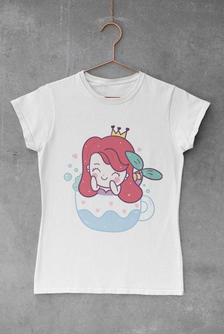 white tshirt with a mermaid in a teacup