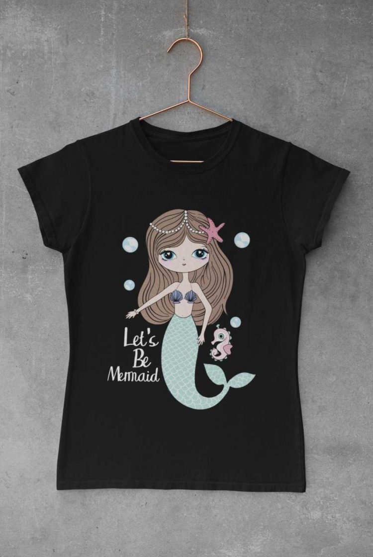 black tshirt with a mermaid and seahorse