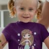 sweet girl in a Purple tshirt with a mermaid and seahorse