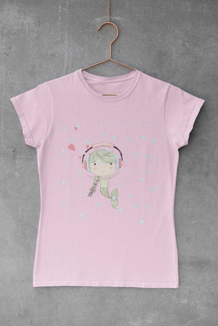 light pink tshirt with a little mermaid wearing headphones