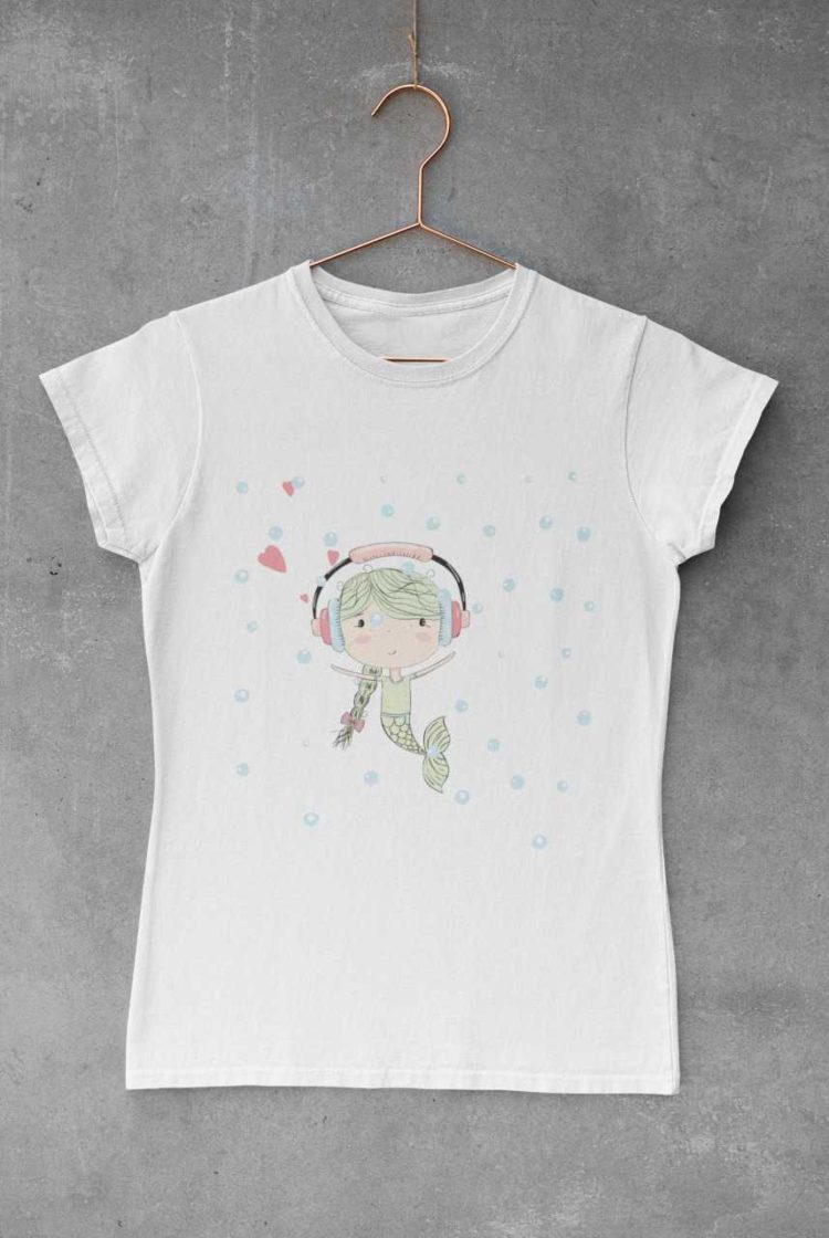 white tshirt with a little mermaid wearing headphones