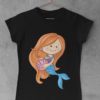 black tshirt with mermaid holding shell