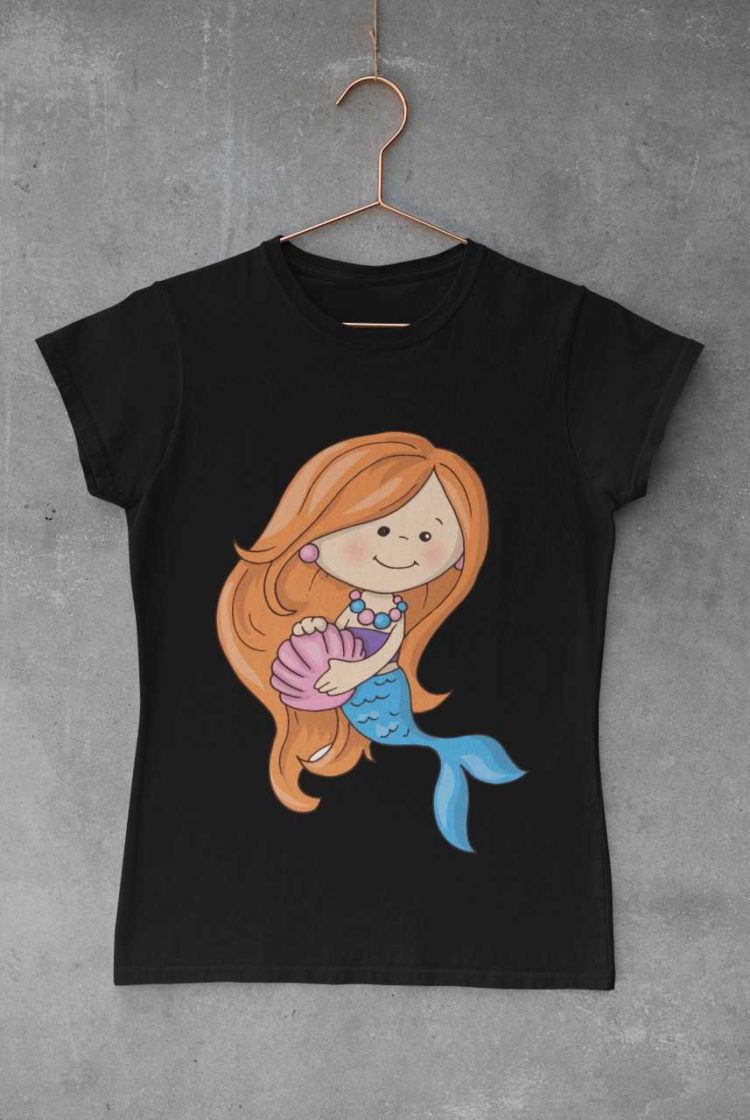 black tshirt with mermaid holding shell