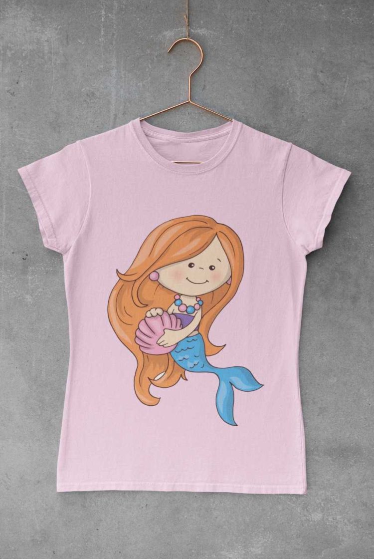 light pink tshirt with a mermaid holding a shell