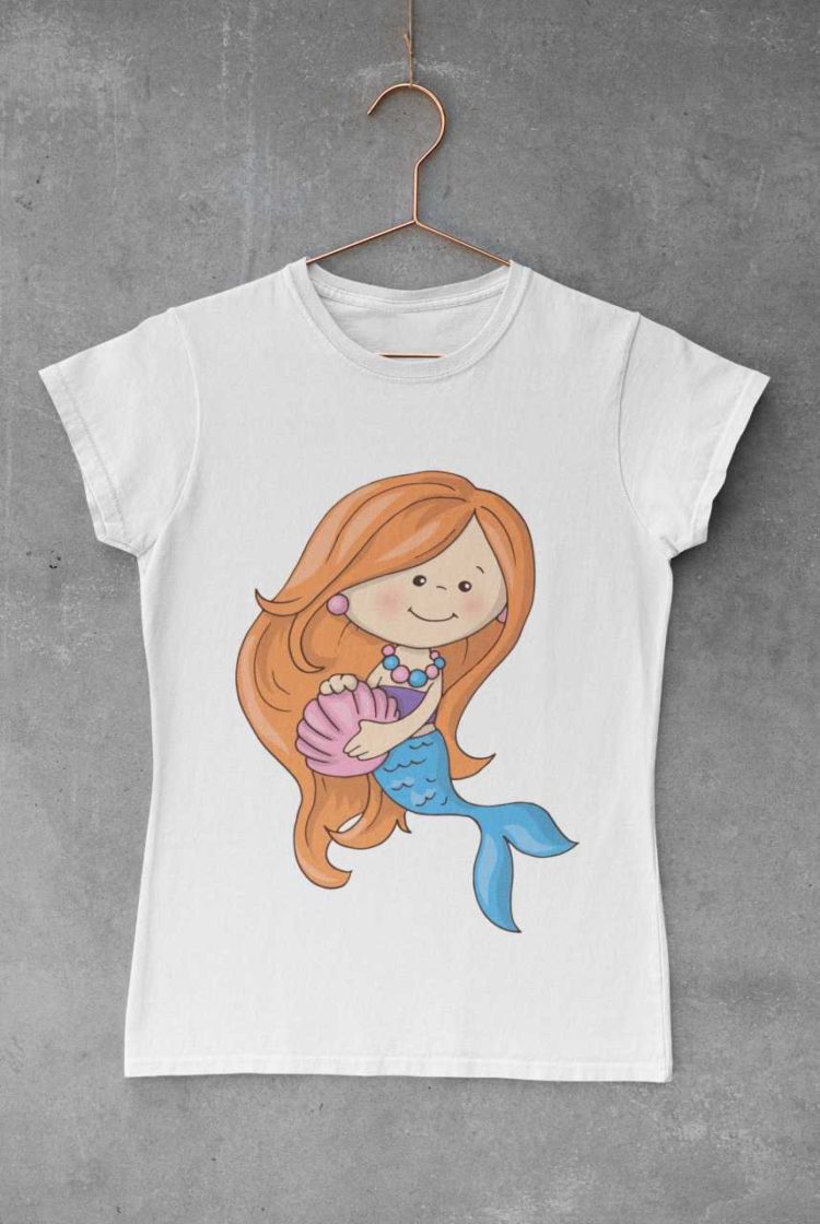 white tshirt with a mermaid holding a shell