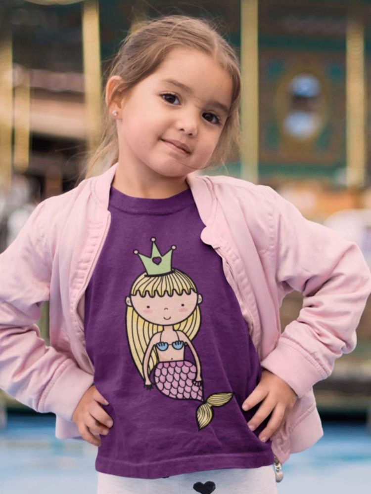 little girl in a purple tshirt with a mermaid Princess