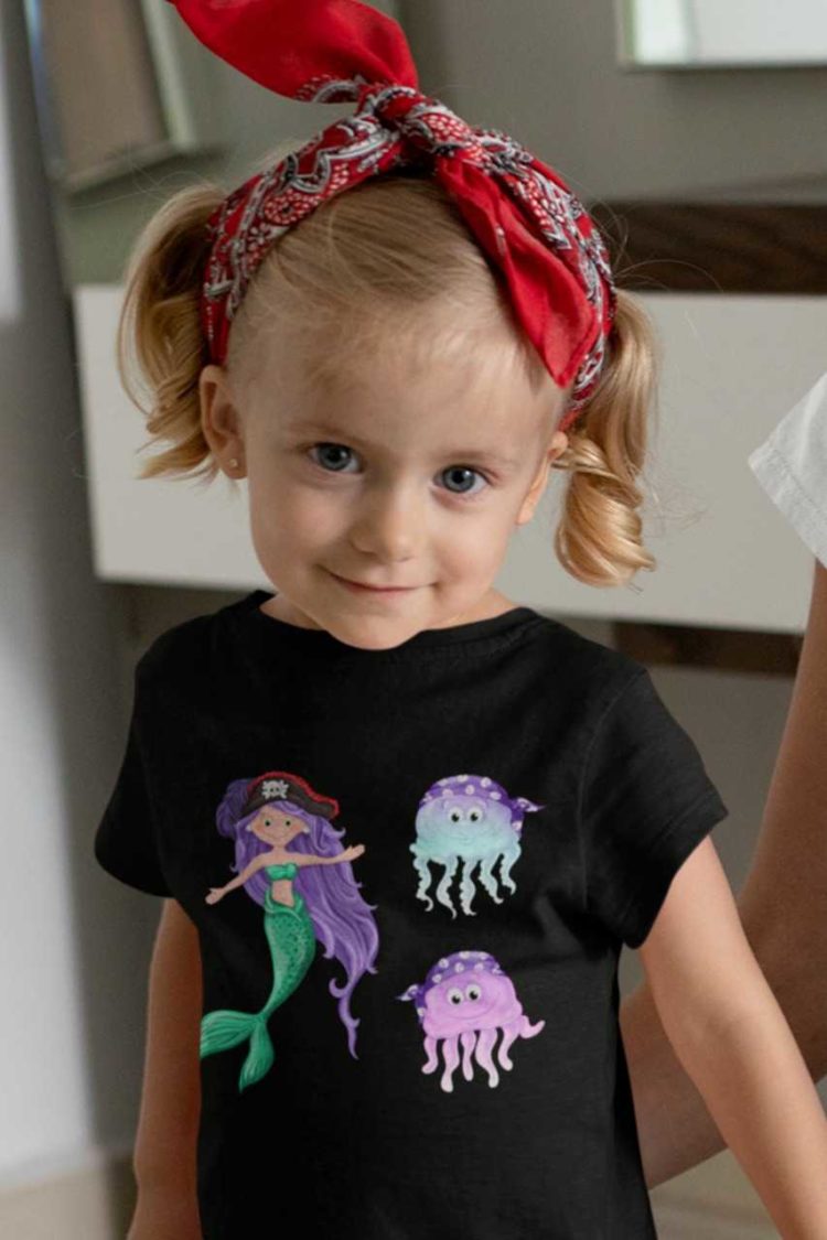 Cute girl in a black tshirt with a Pirate Mermaid and jellyfish