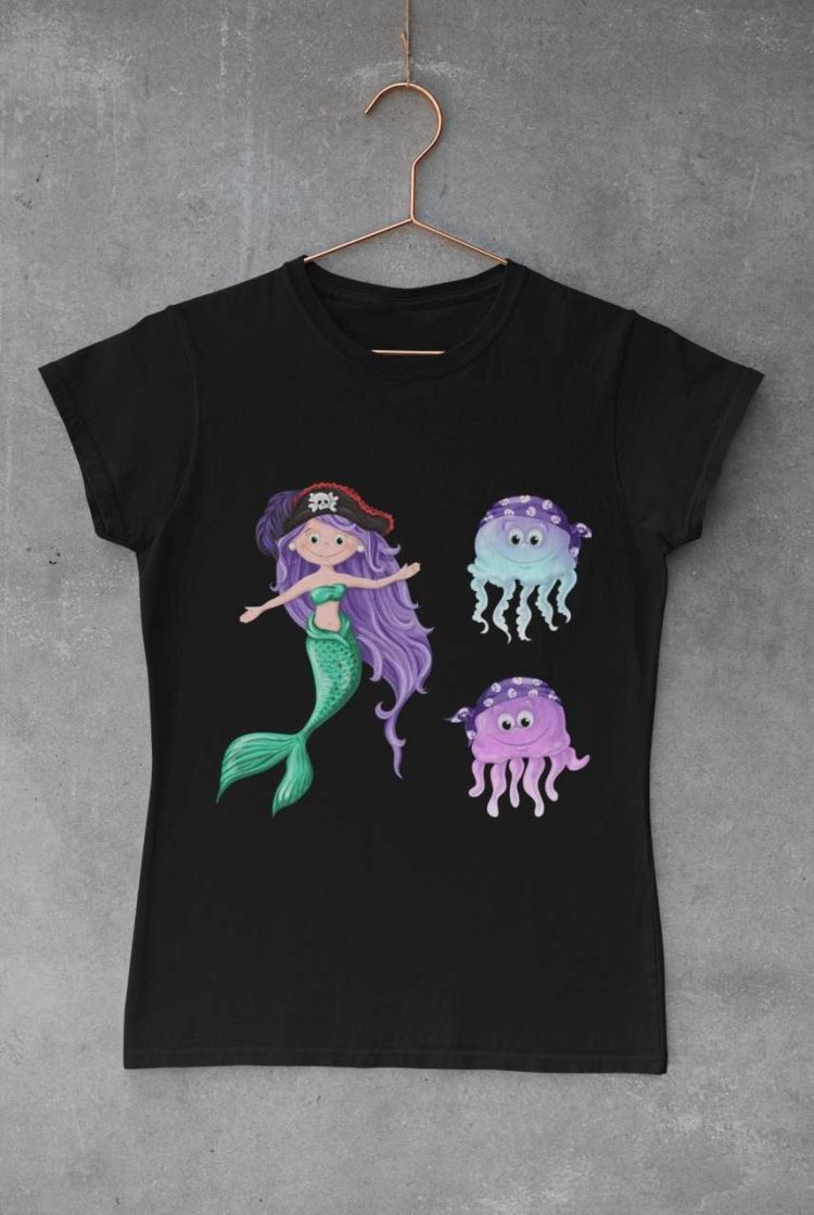 black tshirt with a Pirate Mermaid and jellyfish