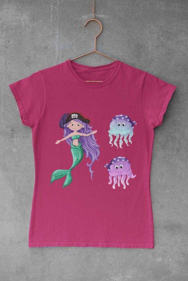 dark pink tshirt with a Pirate Mermaid and jellyfish