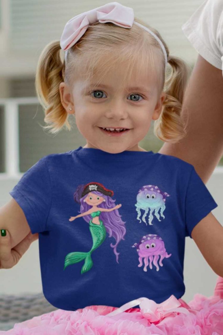sweet girl in a deep blue tshirt with a Pirate Mermaid and jellyfish