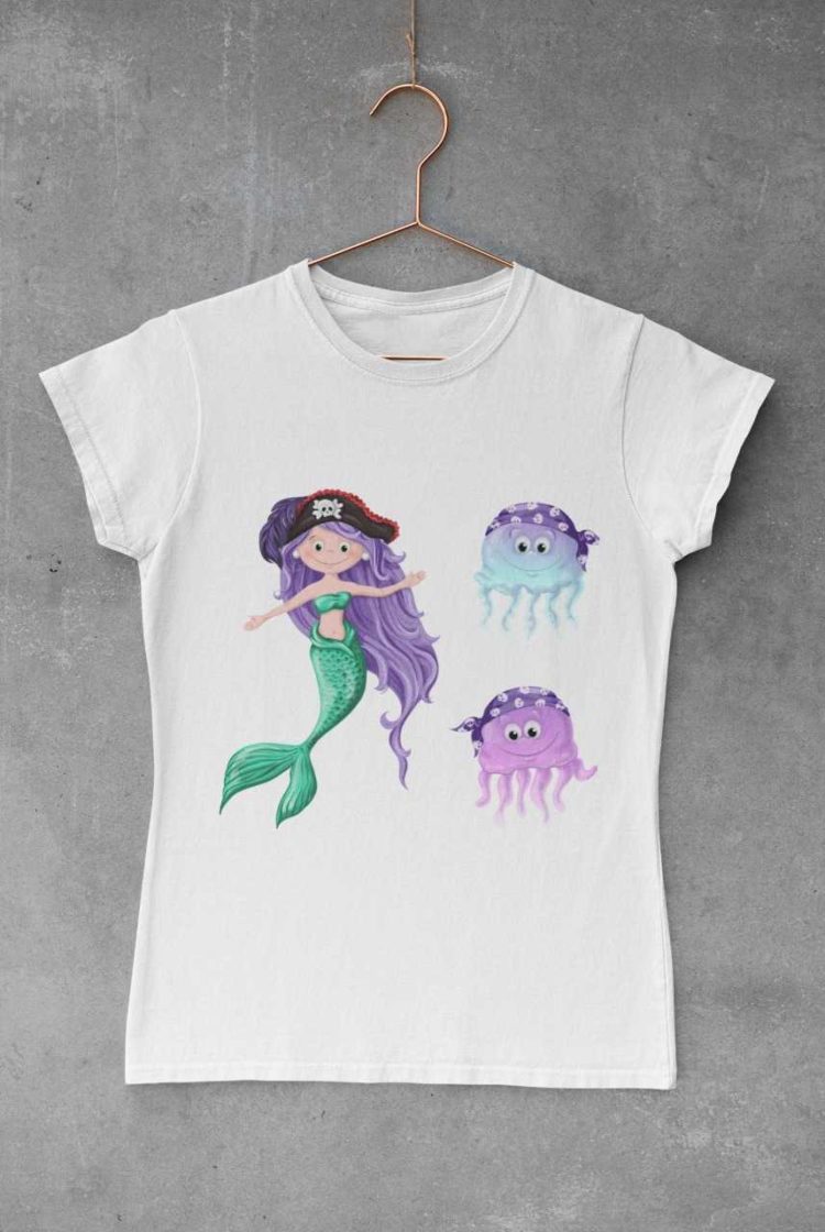 white tshirt with a Pirate Mermaid and jellyfish