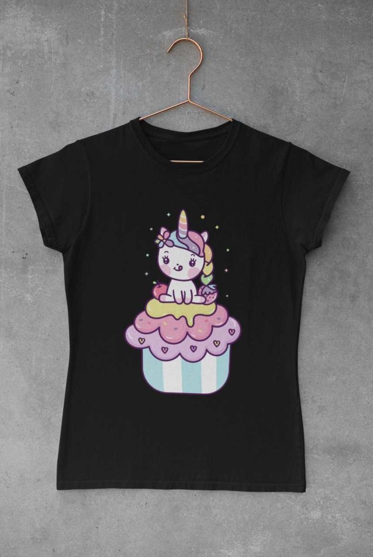 black tshirt with a Unicorn on a cupcake