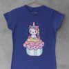 cute girl in a blue tshirt with a Unicorn on a cupcake